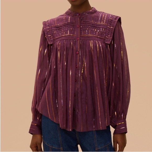 FARM Rio Burgundy Pleated Yoke Long Sleeve Blouse - Picture 1 of 5
